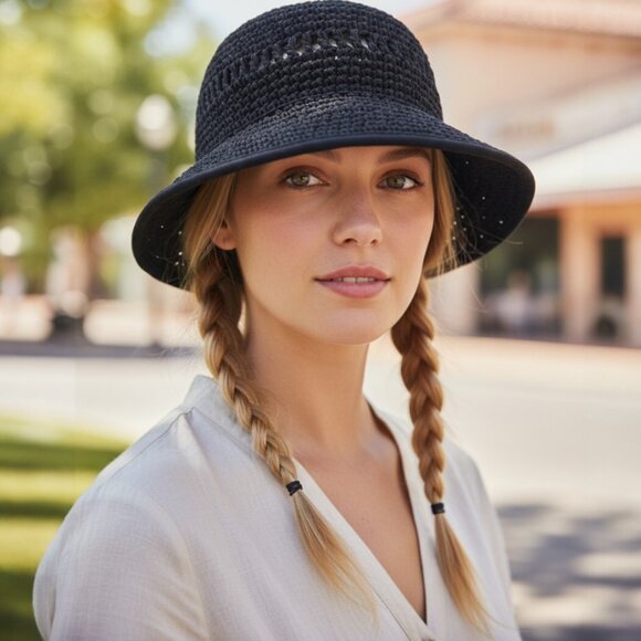 Vintage Accessories - VINTAGE HAWAII Navy Blue Floppy Paper Hat Wide Brim Derby Packable Deadstock